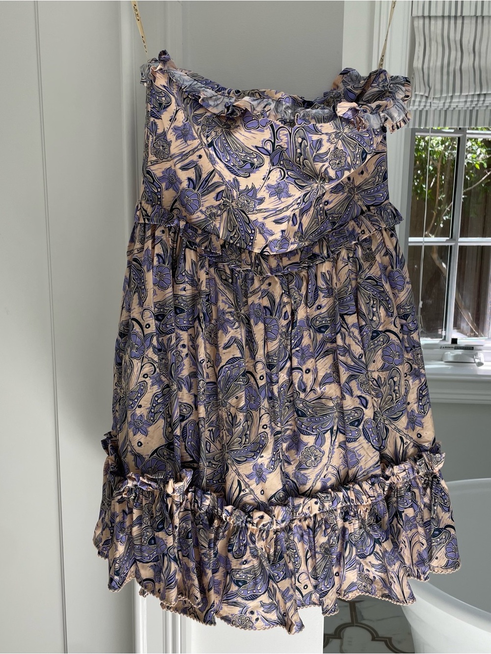 Agua Bendita Strapless Floral Paisley Print Mini Dress in Lilac and Beige